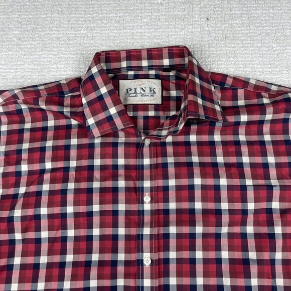 Thomas Pink Dress Shirt Mens 16.5-35 Red/Blue Checks Classic Fit Traveller - Picture 2 of 16